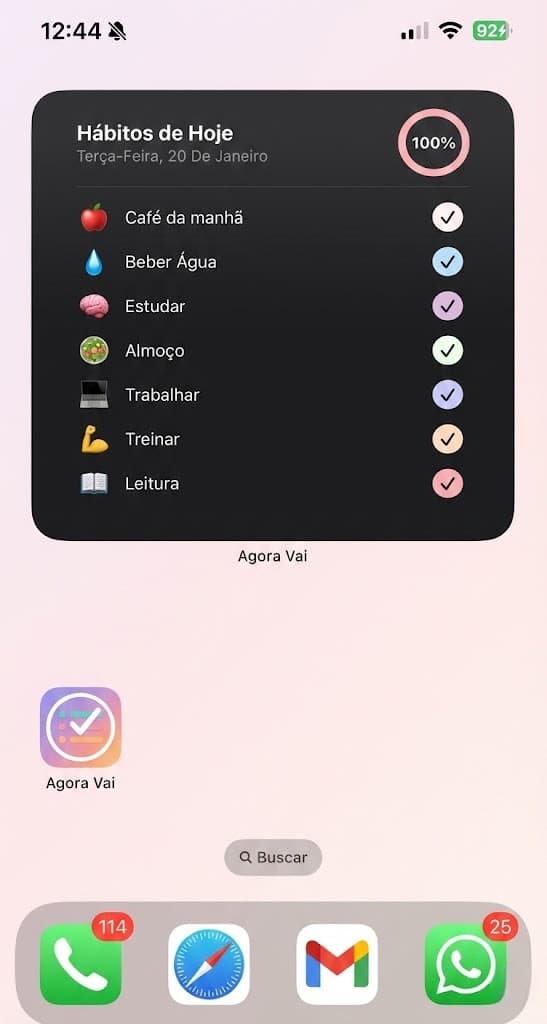 Widget do AgoraVai na Tela de Início do iPhone, com hábitos e progresso diário